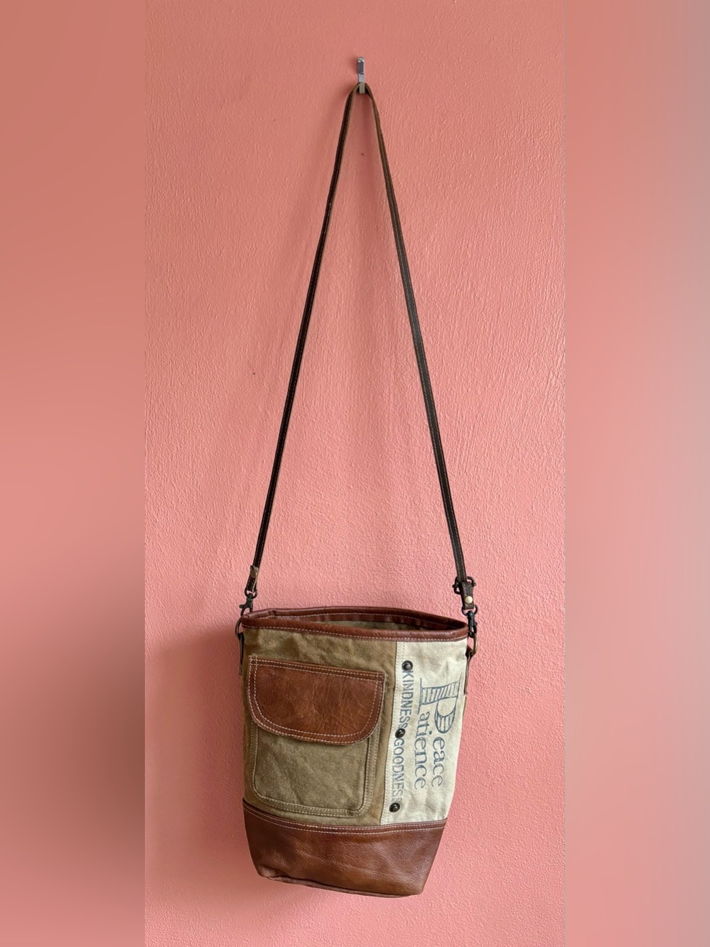 Canvas & Leather Olive Crossbody Bag - Unbranded